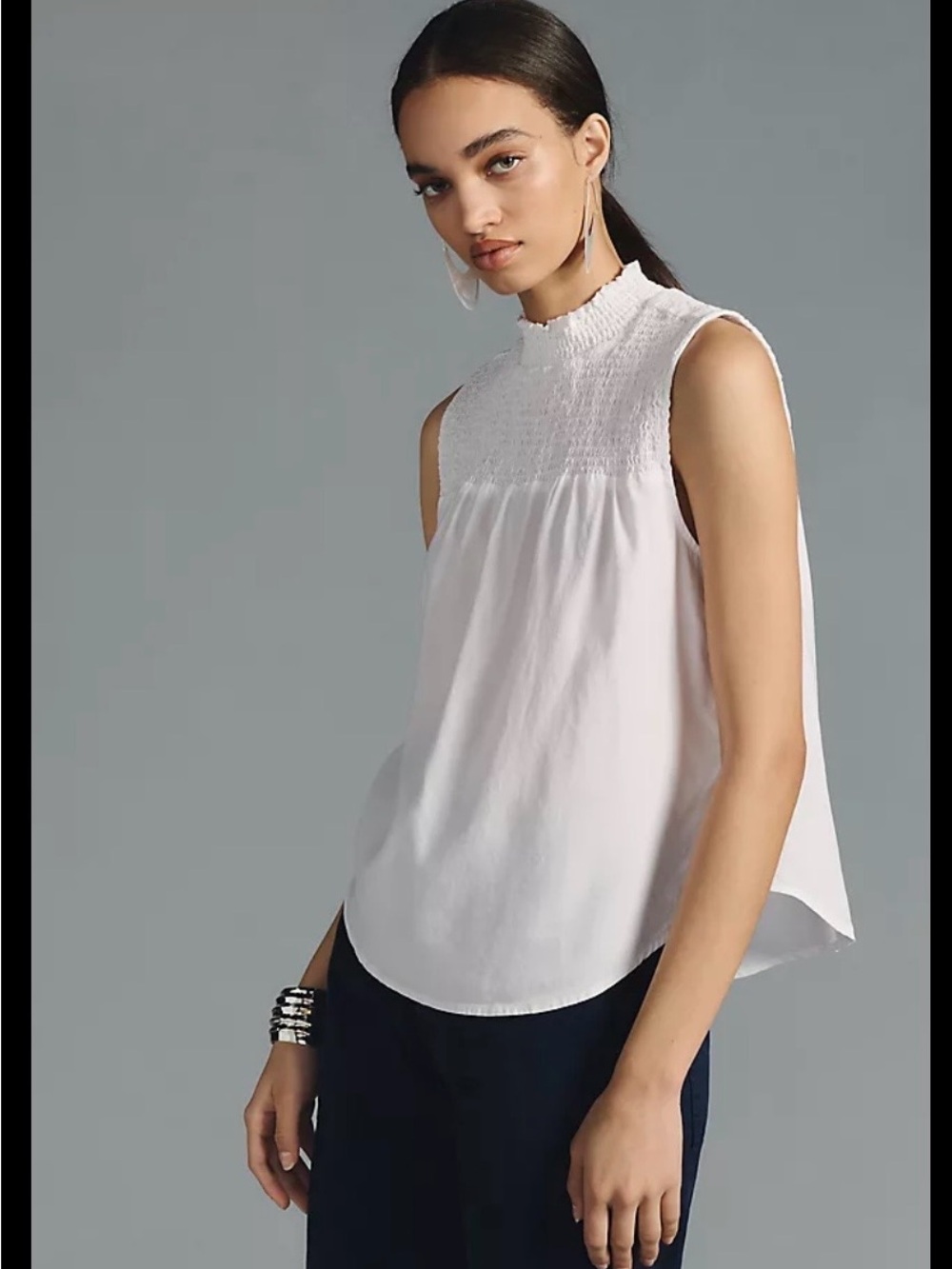 cloth & stone Anthropologie White Smocked High-Neck Sleeveless Blouse